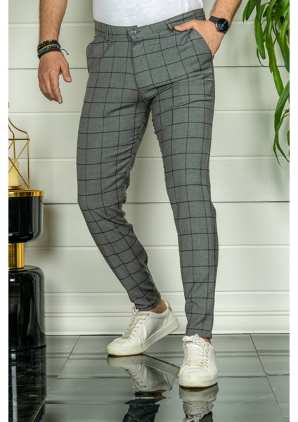 Erkek Füme Slim Fit Ekoseli Kumaş Pantolon