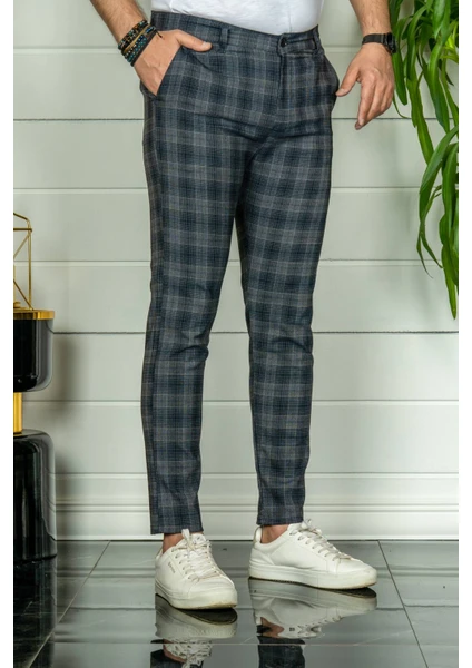 Erkek Lacivert Slim Fit Ekoseli Kumaş Pantolon