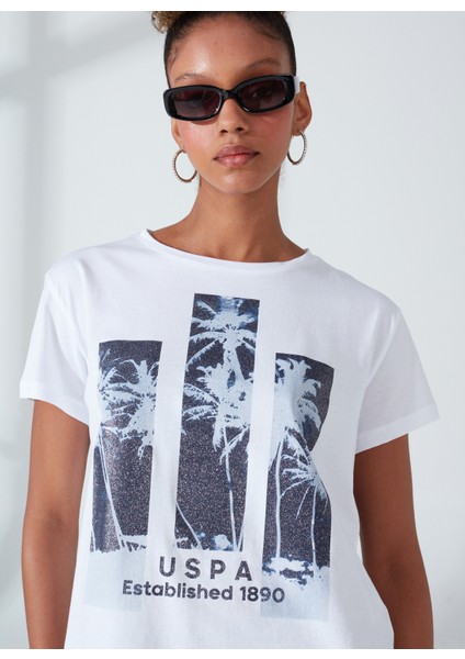 Bisiklet Yaka Baskılı Beyaz Kadın T-Shirt GADA