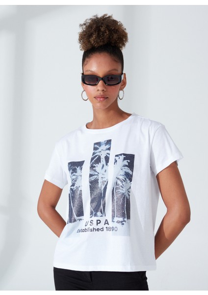 Bisiklet Yaka Baskılı Beyaz Kadın T-Shirt GADA modelleri