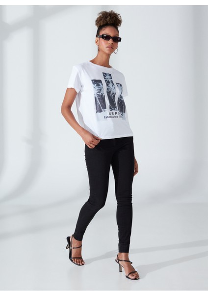 Bisiklet Yaka Baskılı Beyaz Kadın T-Shirt GADA fırsatları