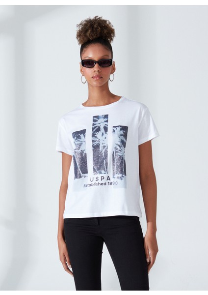 Bisiklet Yaka Baskılı Beyaz Kadın T-Shirt GADA indirimleri