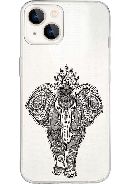 Apple iPhone 13 Mini Uyumlu Kapak Mandala Fil (Siyah) Tasarımlı Şeffaf Silikon Kılıf