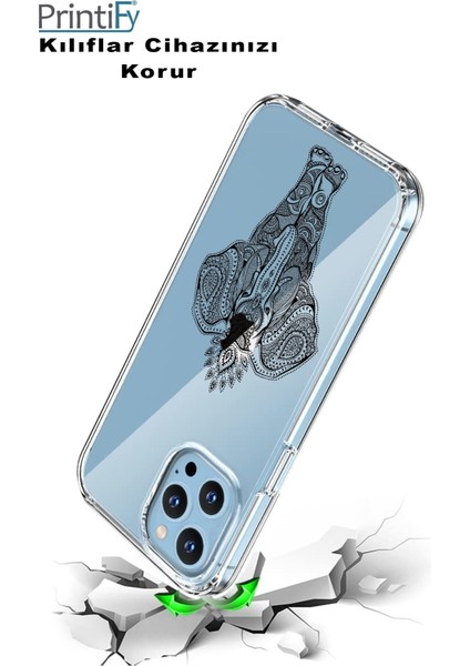 Apple iPhone 13 Mini Uyumlu Kapak Mandala Fil (Siyah) Tasarımlı Şeffaf Silikon Kılıf modelleri
