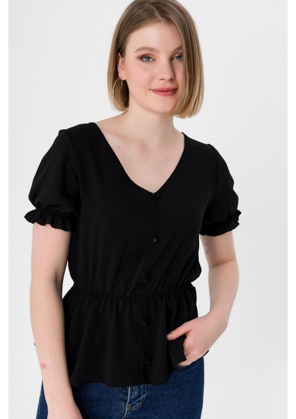 Kadın Beli Kolu Lastik Detaylı V Yaka Kısakol Bluz