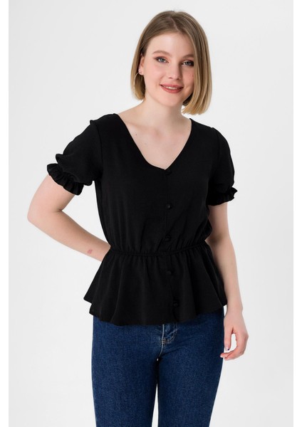 Kadın Beli Kolu Lastik Detaylı V Yaka Kısakol Bluz modelleri