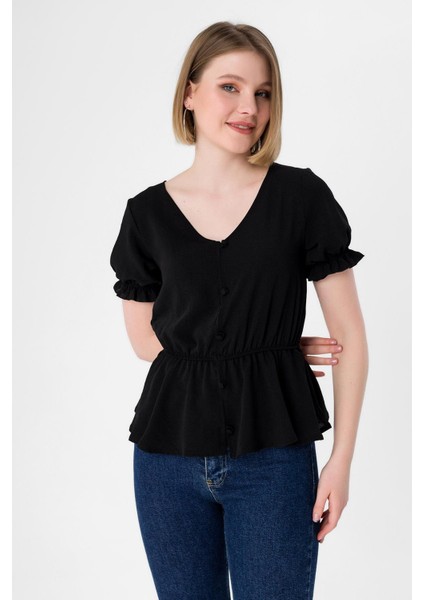 Kadın Beli Kolu Lastik Detaylı V Yaka Kısakol Bluz fırsatları