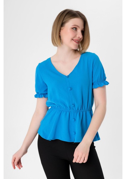 Kadın Beli Kolu Lastik Detaylı V Yaka Kısakol Bluz fiyatları