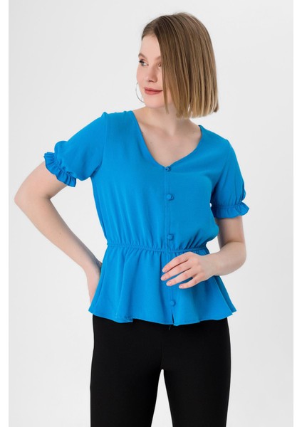 Kadın Beli Kolu Lastik Detaylı V Yaka Kısakol Bluz modelleri