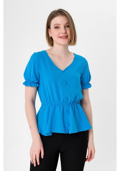 Kadın Beli Kolu Lastik Detaylı V Yaka Kısakol Bluz fırsatları