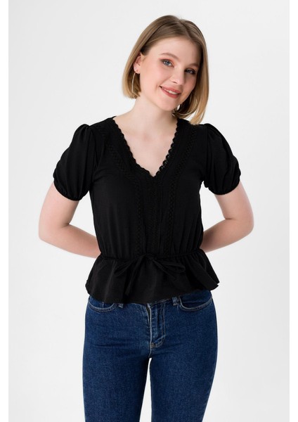 Kadın Beli Kolu Lastikli Dantel Detaylı Kısakol Bluz fiyatları