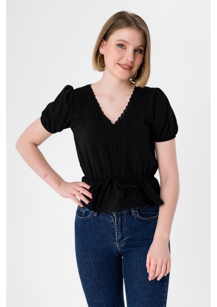 Kadın Beli Kolu Lastikli Dantel Detaylı Kısakol Bluz modelleri