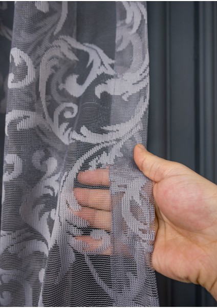 Taç Şal Desen Kullanıma Hazır Ekstraforlu Pilesiz Tül Perde Tek Kanat - Koyu Gri 100 x 260 cm