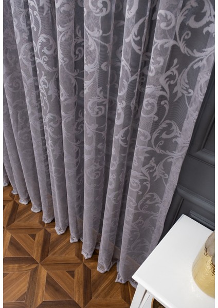 Taç Şal Desen Kullanıma Hazır 1/3 Sık Pile Tül Perde Tek Kanat - Koyu Gri 100 x 240 cm