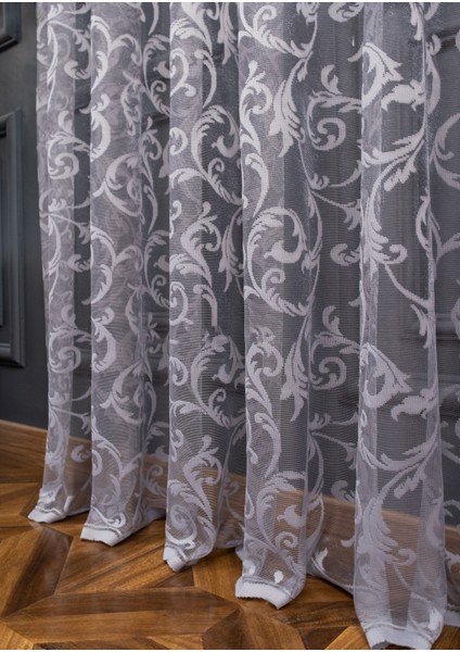 Taç Şal Desen Kullanıma Hazır 1/3 Sık Pile Tül Perde Tek Kanat - Koyu Gri 100 x 240 cm
