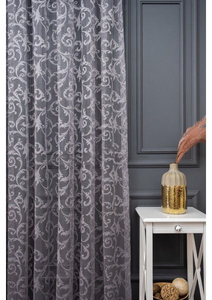 Taç Şal Desen Kullanıma Hazır 1/2 Seyrek Pile Tül Perde Tek Kanat - Koyu Gri 100 x 260 cm modelleri