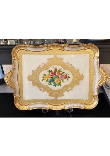L & M Florance Art Italyan Gül Ağacı El Yapımı Büyük Dikdörtgen Tepsi 55X36CM