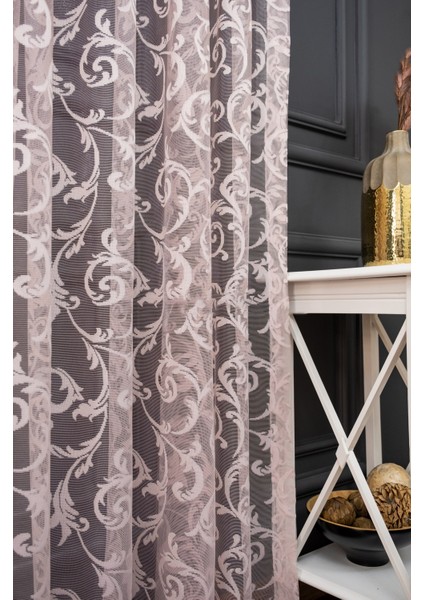 Taç Şal Desen Kullanıma Hazır 1/2 Seyrek Pile Tül Perde Tek Kanat - Pudra 300 x 240 cm