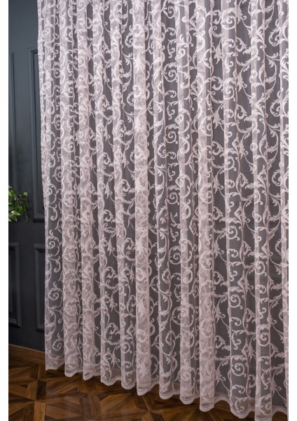 Taç Şal Desen Kullanıma Hazır 1/2 Seyrek Pile Tül Perde Tek Kanat - Pudra 300 x 240 cm