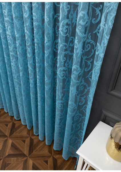 Taç Şal Desen Kullanıma Hazır 1/2 Seyrek Pile Tül Perde Tek Kanat - Turkuaz 100 x 240 cm fiyatları