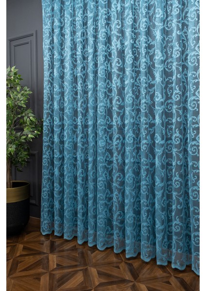 Taç Şal Desen Kullanıma Hazır 1/2 Seyrek Pile Tül Perde Tek Kanat - Turkuaz 100 x 240 cm indirimleri