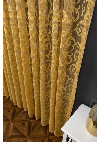 Taç Şal Desen Kullanıma Hazır 1/2 Seyrek Pile Tül Perde Tek Kanat - Hardal 100 x 270 cm