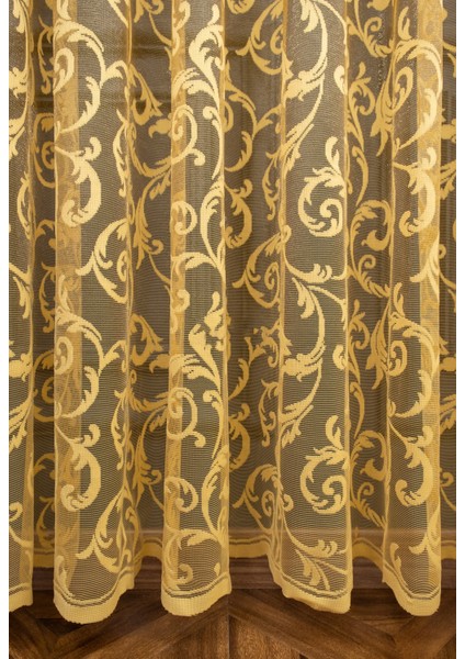 Taç Şal Desen Kullanıma Hazır 1/2 Seyrek Pile Tül Perde Tek Kanat - Hardal 100 x 270 cm