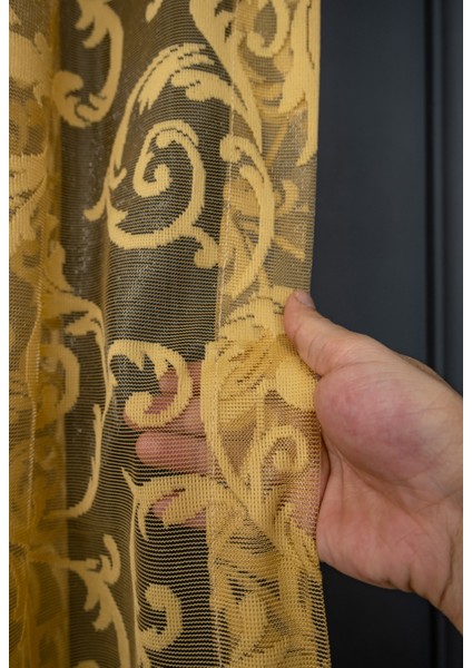 Taç Şal Desen Kullanıma Hazır 1/2 Seyrek Pile Tül Perde Tek Kanat - Hardal 100 x 270 cm