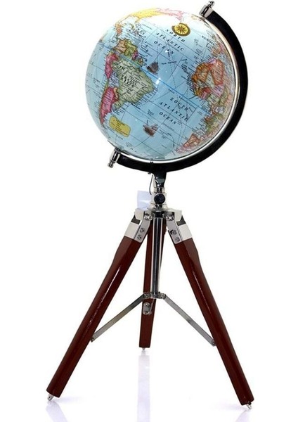 Dünyadan Hediyeler Ahşap Tripod Standlı Dünya Küre Zemin Dekoru Döner Dünya Küre Modern Harita Atlas 53CM Mavi