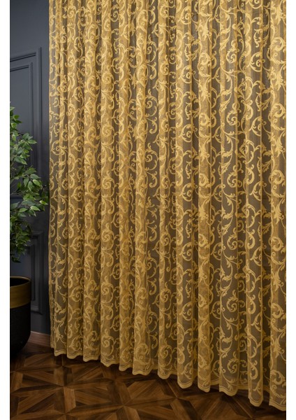 Taç Şal Desen Kullanıma Hazır 1/2,5 Normal Pile Tül Perde Tek Kanat - Hardal 100 x 250 cm modelleri