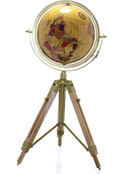 Dünyadan Hediyeler Ahşap Tripod Standlı Dünya Küre Zemin Dekoru Döner Dünya Küre Modern Harita Atlas 71CM Sarı