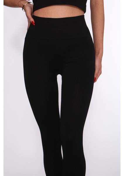 Siyah Scuba Yüksek Bel Örme Geniş Kemer