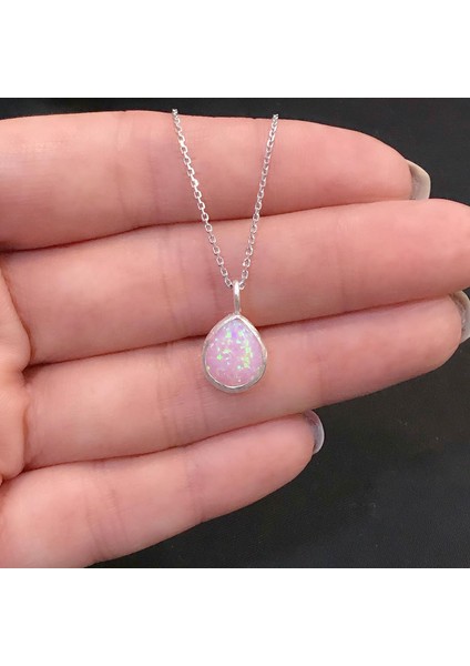 STELA OPAL TAŞLI DAMLA GÜMÜŞ KOLYE (PEMBE)