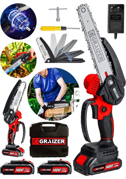 Alman 148 Vf 10 Ah %100 Kömürsüz Motor Akülü Dal Kesme Budama Testere Bıçkı Makinesi 15 cm