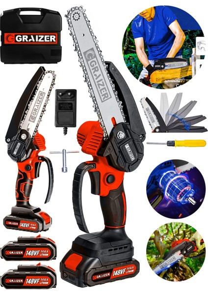 Alman 148 Vf 10 Ah %100 Kömürsüz Motor Akülü Dal Kesme Budama Testere Bıçkı Makinesi 15 cm fiyatları