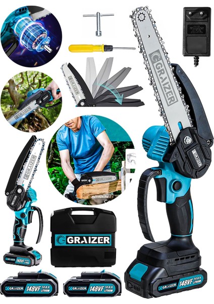 Alman 148 Vf 10 Ah %100 Kömürsüz Motor Akülü Dal Kesme Budama Testere Bıçkı Makinesi 15 cm