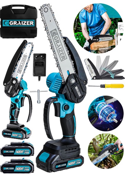 Alman 148 Vf 10 Ah %100 Kömürsüz Motor Akülü Dal Kesme Budama Testere Bıçkı Makinesi 15 cm
