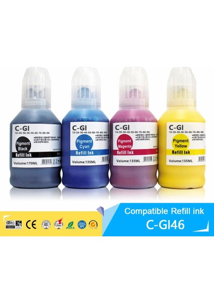 Canon Gı-46 GX7050 1 Set 4 Renk Ithal Muadil Pigmentli Mürekkep Seti Siyah 170 ml - Renkliler 135 ml