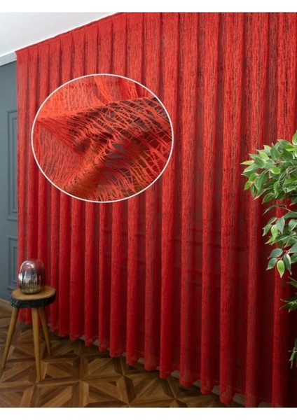 Taç Buz Kırığı Kullanıma Hazır Ekstraforlu Pilesiz Tül Perde Tek Kanat - Kırmızı 100 x 240 cm