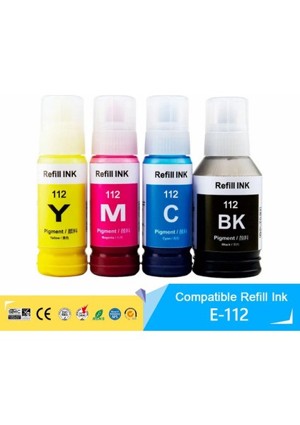 Epson 112 L6570 1 Set 4 Renk Ithal Muadil Pigmentli Mürekkep Seti Siyah 127 ml - Renkliler 70 ml