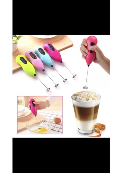 Pilli Mini Mixer Kahve Süt Ayran Köpürtücü Karıştırıcı Cappuccino Kapuçino Köpürtücü Pembe Renk