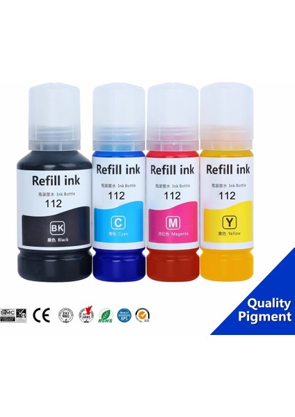 Photo Print Epson 112 Ecotank L15160 1 Set 4 Renk Ithal Muadil Pigmentli Mürekkep Seti  Siyah 127 ml - Renkliler 70 ml