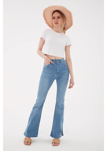 23Y-PNT0298K1 Kadın Paçası Yırtmaçlı Denim Pantolon