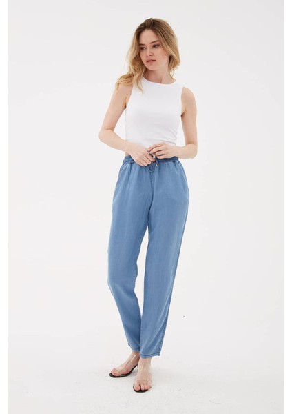 23Y-PNT0657K1 Kadın Beli Bağlamalı Denim Pantolon