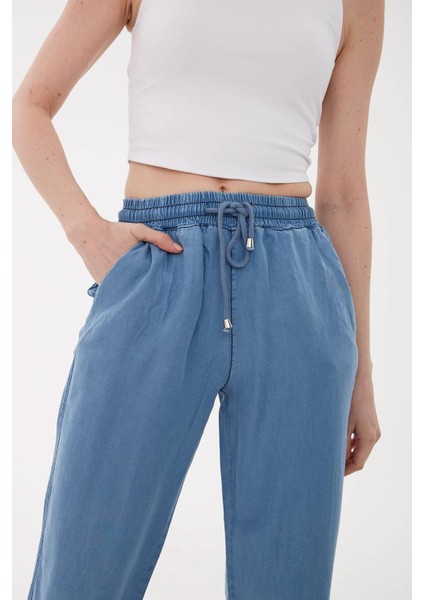 23Y-PNT0657K1 Kadın Beli Bağlamalı Denim Pantolon