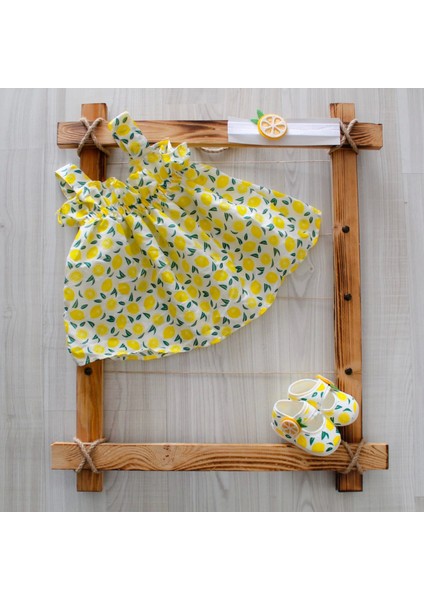 Kız Bebek Limon Baskılı Elbise Meyveli Bandana ve Ayakkabı 3'lü Takım