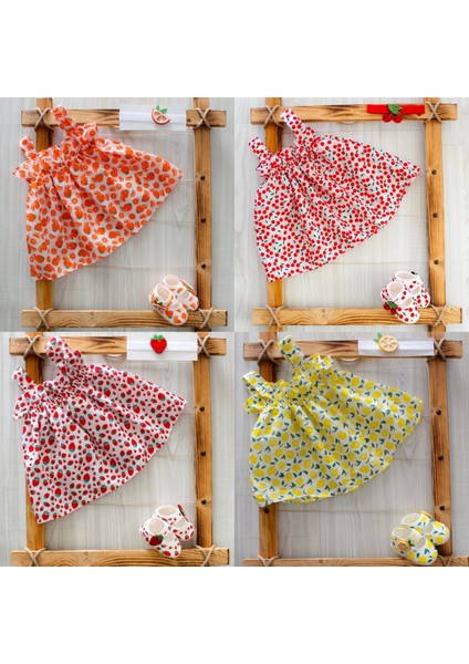 Kız Bebek Limon Baskılı Elbise Meyveli Bandana ve Ayakkabı 3'lü Takım