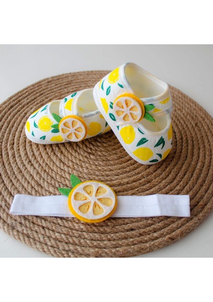 Kız Bebek Limon Baskılı Elbise Meyveli Bandana ve Ayakkabı 3'lü Takım