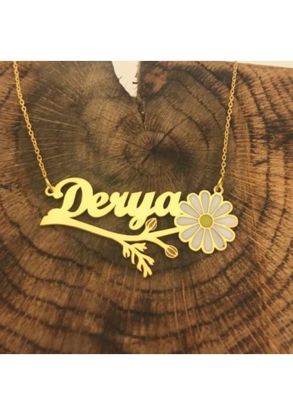 Kişiye Özel Derya Yazılı Papatya Isim Kolye 925 Ayar Gümüş Sarı Renk Roze,beyaz Renk Seçeneği