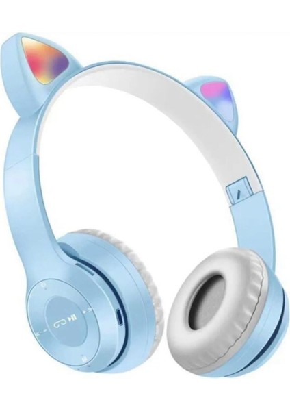 P47M Bluetooth 5.0 LED Işıklı Kedi Tasarımlı Katlanabilir Kulak Üstü Kulaklık Mavi